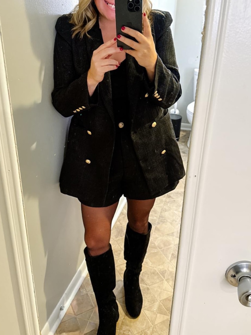 🎉Black Double-Breasted Tweed Blazer & Shorts Set with Gold Buttons - Picture 7 of 8